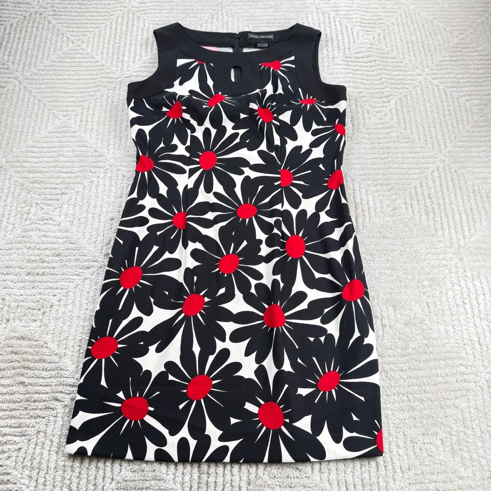 Jessica Howard Floral Sheath Dress Womens 12 Black White Red Daisy Mod Work Chic